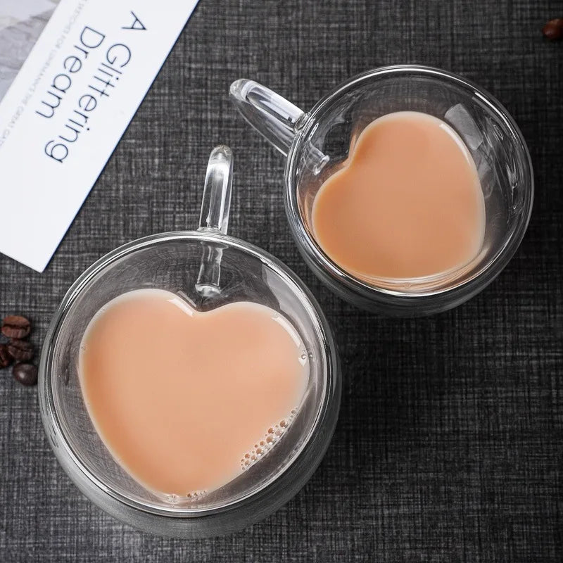 Hjärtformad Dubbelväggad Glasmugg – Isolerad Kopp för Kaffe & Te