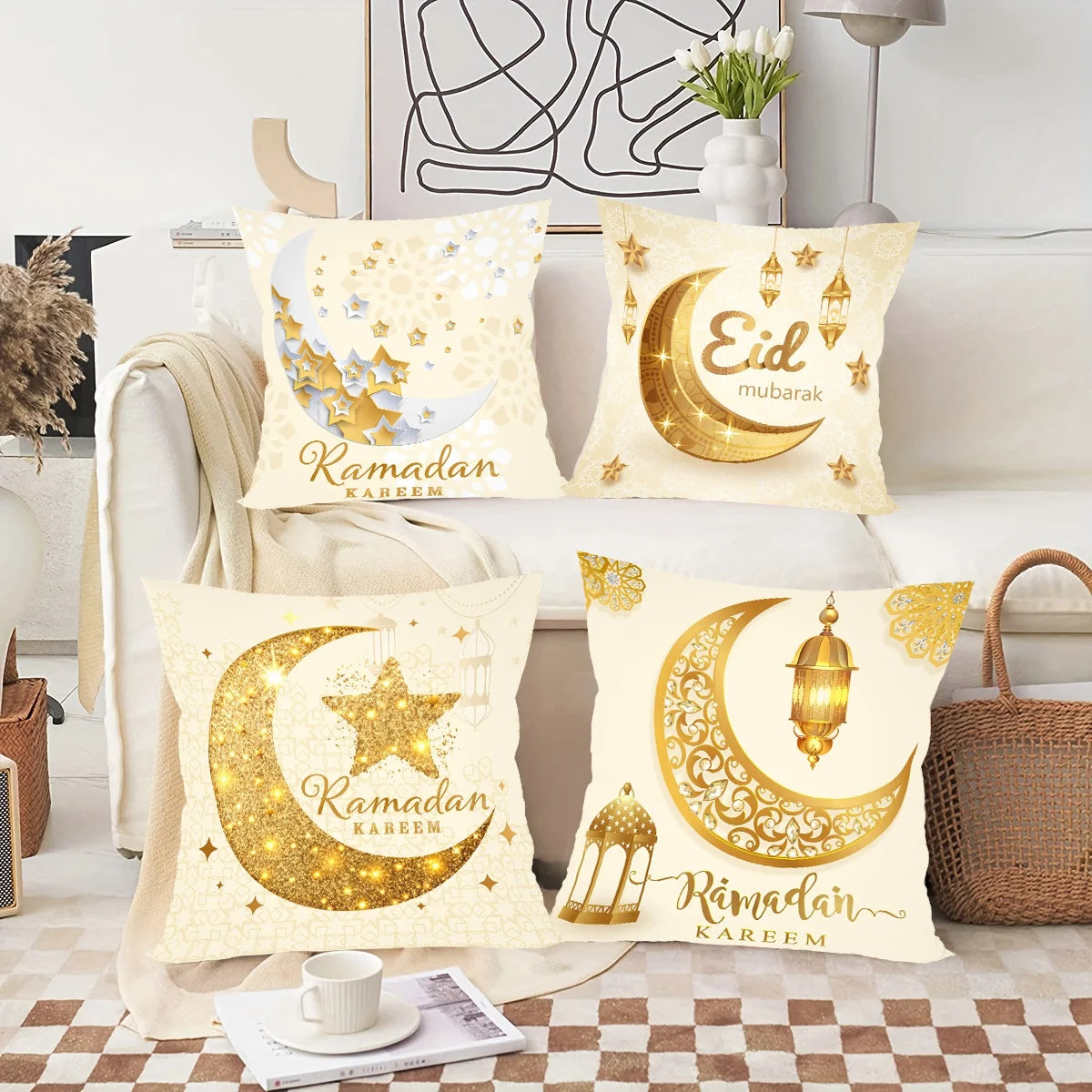 4-pack Ramadan Kareem Kuddöverdrag – Dekoration för Hem och Soffa