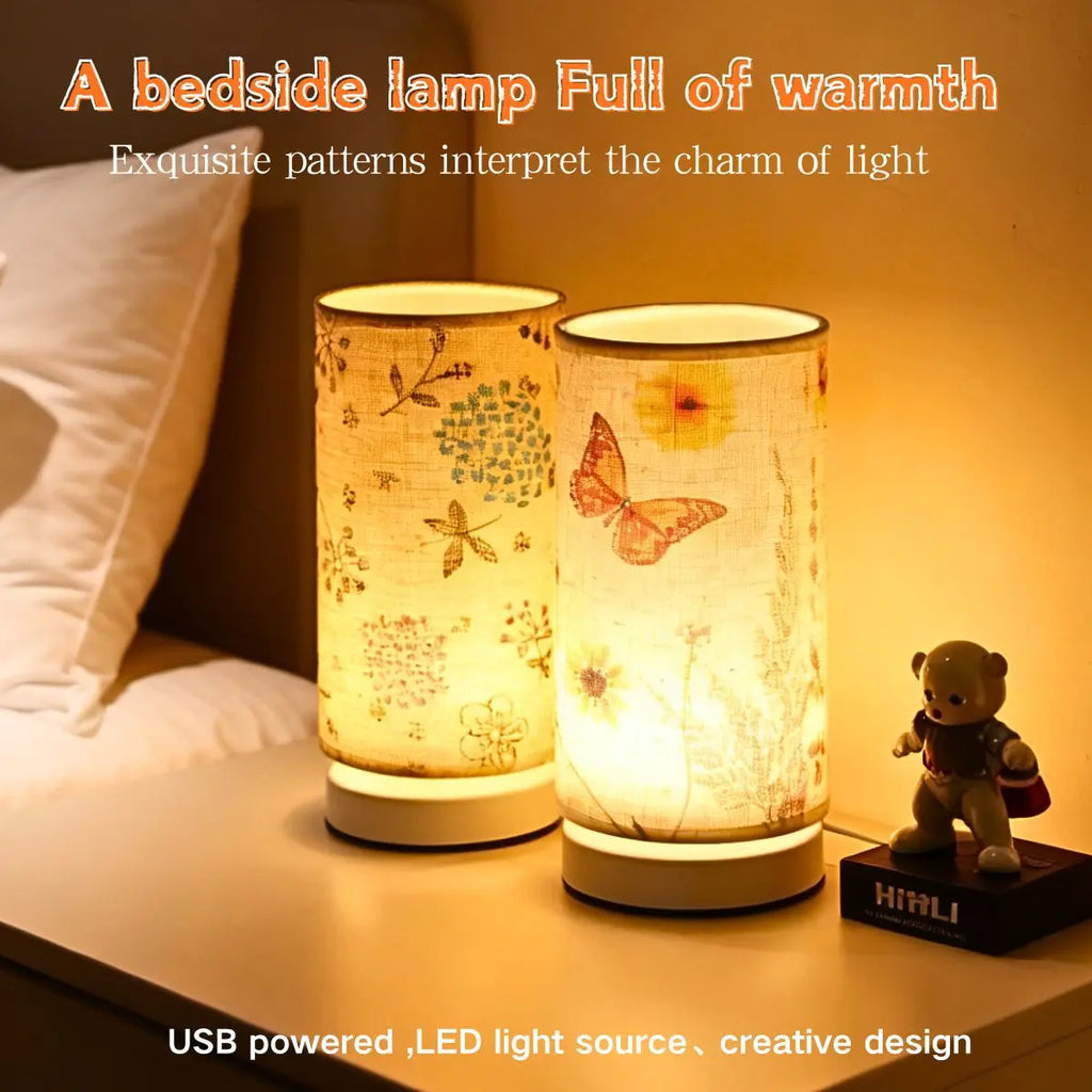 Nordisk Retro Bordslampa med Tygskärm – USB-driven Sänglampa för Hemmet
