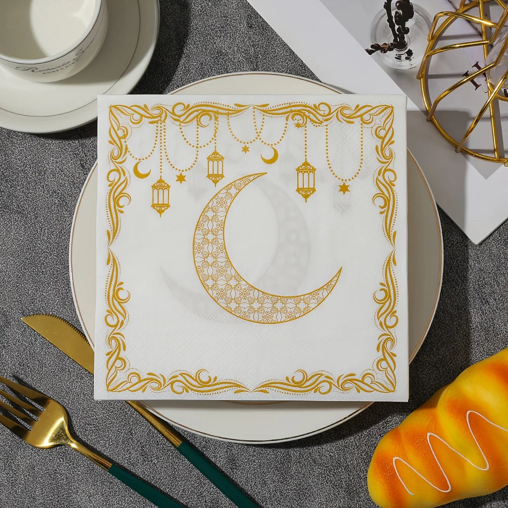 20-pack Ramadan Servetter – Guldfärgade Månmönster
