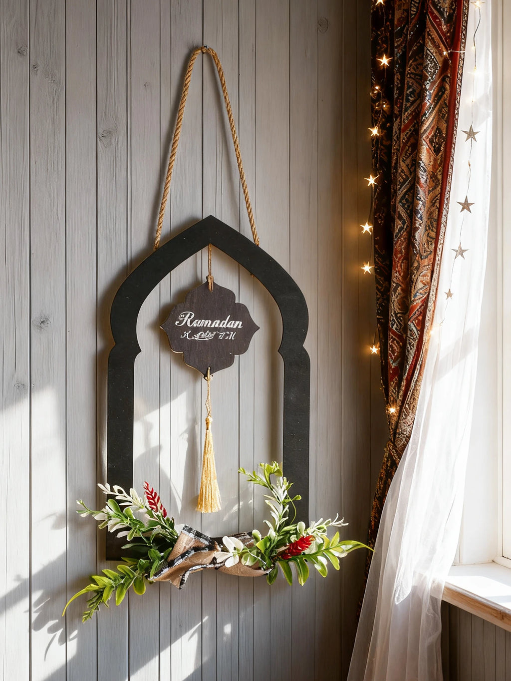 Ramadan Väggdekoration i Trä – Islamisk Båge med Blommor & Tofsar
