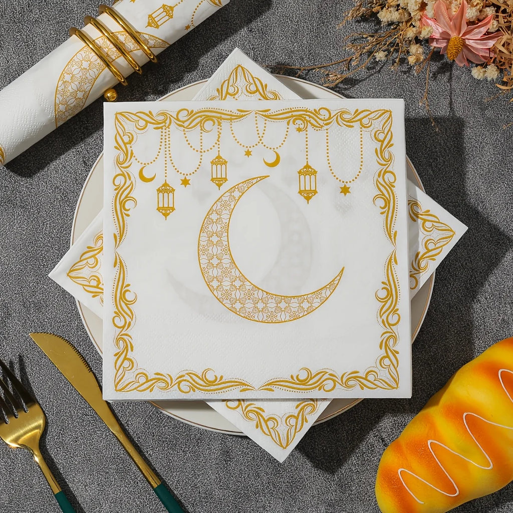 20-pack Ramadan Servetter – Guldfärgade Månmönster
