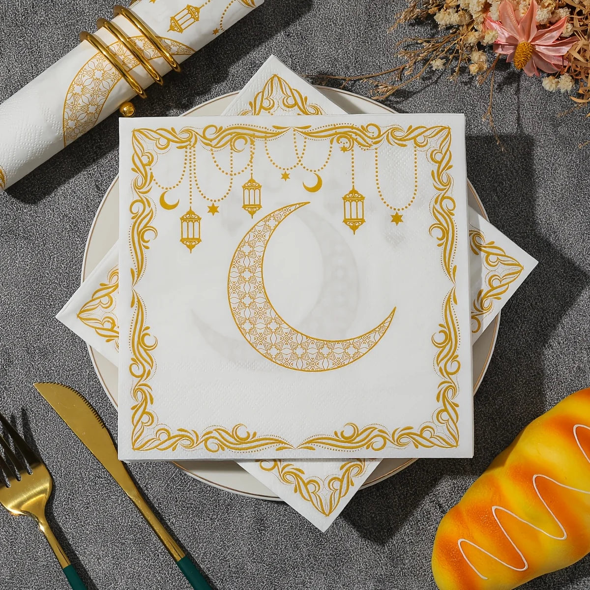 20-pack Ramadan Servetter – Guldfärgade Månmönster